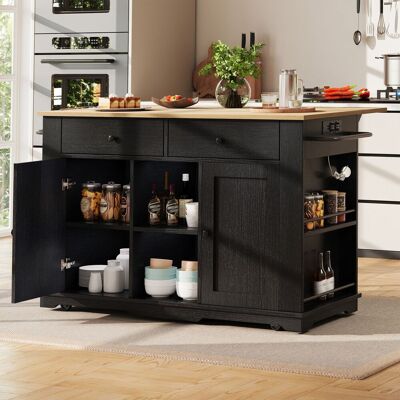 LEMONBEST Îlot De Cuisine Mobile 151,5x59,7x91,7cm Noir Effet Bois, Desserte À Roulettes Avec Prises, Plan Rabattable, 2 Tiroirs, 6 Rangements - Publicité LEMONBEST Îlot De Cuisine Mobile 151,5x59,7x91,7cm Noir Effet Bois, Desserte À Roulettes Avec Prises, Plan Rabattable, 2 Tiroirs, 6 Rangements - Publicité
