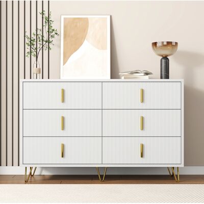BEAOK Buffet En Panneaux De Particules Blanc Et Or 120 X 40 X 77 Cm, 6 Tiroirs, Façade Ondulée - Publicité BEAOK Buffet En Panneaux De Particules Blanc Et Or 120 X 40 X 77 Cm, 6 Tiroirs, Façade Ondulée - Publicité