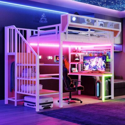 OEM Lit Mezzanine En Métal 90 × 200 Cm, Avec Bureau, Étagère Et Filet De Rangement, Échelle De Sécurité, Éclairage Led Et Prise Électrique, Rambarde Surélevée, Blanc - Publicité OEM Lit Mezzanine En Métal 90 × 200 Cm, Avec Bureau, Étagère Et Filet De Rangement, Échelle De Sécurité, Éclairage Led Et Prise Électrique, Rambarde Surélevée, Blanc - Publicité