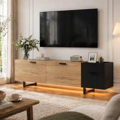 LEMONBEST Meuble Tv 180 X38 X49 Cm Bois Naturel Noir Pieds Métal Tiroirs Niches Flottant,pour Les Salons Et Les Espaces Multimédias. Publicité LEMONBEST Meuble Tv 180 X38 X49 Cm Bois Naturel Noir Pieds Métal Tiroirs Niches Flottant,pour Les Salons Et Les Espaces Multimédias. Publicité