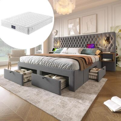 OEM Ensemble De Chambre À Coucher, Lit Double Capitonné 160×200 Cm Avec 2 Tables De Chevet Et 4 Tiroirs, Lampe De Lecture Intégrée À La Tête De Lit Avec Fonction De Chargement Usb, Gris, Velours - Publicité OEM Ensemble De Chambre À Coucher, Lit Double Capitonné 160×200 Cm Avec 2 Tables De Chevet Et 4 Tiroirs, Lampe De Lecture Intégrée À La Tête De Lit Avec Fonction De Chargement Usb, Gris, Velours - Publicité
