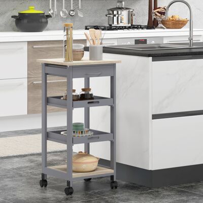 OEM Homcom Chariot De Cuisine À Roulettes 2 Plateaux Amovibles + Tiroir + Étagère Bois Pin Chêne Clair + Gris - Publicité OEM Homcom Chariot De Cuisine À Roulettes 2 Plateaux Amovibles + Tiroir + Étagère Bois Pin Chêne Clair + Gris - Publicité