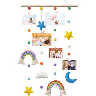 OEM Affichage Photo Suspendu Avec Décoration Arc-en-ciel. Organisateur Mural Boho Avec 25 Clips En Bois Pour Chambre D'Enfant - Publicité OEM Affichage Photo Suspendu Avec Décoration Arc-en-ciel. Organisateur Mural Boho Avec 25 Clips En Bois Pour Chambre D'Enfant - Publicité