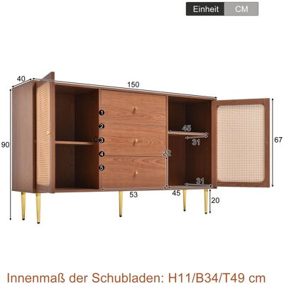 MIDUODUO Commode Avec 2 Portes Et 3 Tiroirs,combusettes En Rotin,étagère Réglable Pour Le Salon,chambre,noyer H90/w150/d40 Cm - Publicité MIDUODUO Commode Avec 2 Portes Et 3 Tiroirs,combusettes En Rotin,étagère Réglable Pour Le Salon,chambre,noyer H90/w150/d40 Cm - Publicité