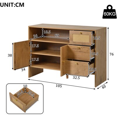 DEVOKO Buffet Bois 105 X 40 X 76cm 2 Portes 3 Tiroirs Poignées Rotin Et Or, Commode De Rangement Pour Cuisine Et Salon - Publicité DEVOKO Buffet Bois 105 X 40 X 76cm 2 Portes 3 Tiroirs Poignées Rotin Et Or, Commode De Rangement Pour Cuisine Et Salon - Publicité