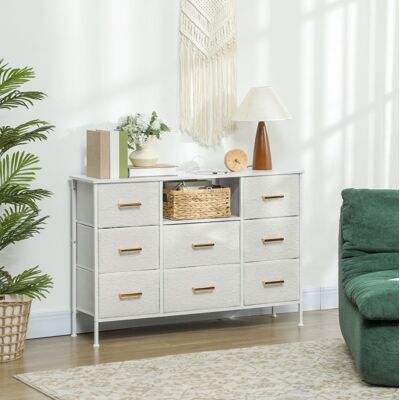 BEAOK Commode En Polyester Crème Blanc Avec 8 Tiroirs, Prise Intégrée Et Structure Acier, 110 X 30 X 76 Cm - Publicité BEAOK Commode En Polyester Crème Blanc Avec 8 Tiroirs, Prise Intégrée Et Structure Acier, 110 X 30 X 76 Cm - Publicité