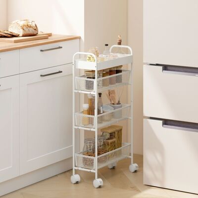 DEVOKO Chariot De Cuisine En Métal, 3 Paniers, Design Étroit, 4 Roues, Pour Cuisine, Salon, Salle De Bain, Blanc - Publicité DEVOKO Chariot De Cuisine En Métal, 3 Paniers, Design Étroit, 4 Roues, Pour Cuisine, Salon, Salle De Bain, Blanc - Publicité