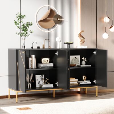 MIDUODUO Buffet 4 Portes Pieds Métalliques Design Linéaire Décoration Métallique Noir Et Or H80/l150/d40 Cm. Publicité MIDUODUO Buffet 4 Portes Pieds Métalliques Design Linéaire Décoration Métallique Noir Et Or H80/l150/d40 Cm. Publicité