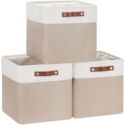 OEM Lot De 3 Boîtes De Rangement En Tissu 28x28x28cm Avec Poignée En Cuir Synthétique - Kaki Et Blanc - Pour Étagère Cube, Bibliothèque, Penderie - Publicité OEM Lot De 3 Boîtes De Rangement En Tissu 28x28x28cm Avec Poignée En Cuir Synthétique - Kaki Et Blanc - Pour Étagère Cube, Bibliothèque, Penderie - Publicité