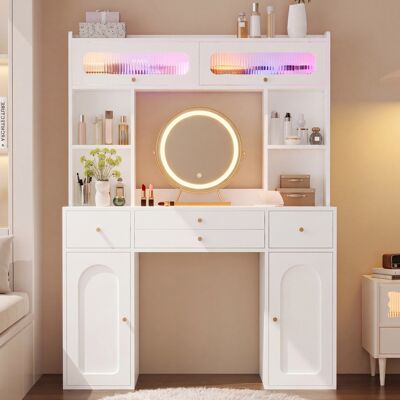 ACKERMAN Coiffeuse Led Avec Miroir Et Éclairage, Comprenant 4 Tiroirs, 4 Étagères Ouvertes, 2 Compartiments De Rangement Intégrés Et 2 Portes Vitrées Avec Espace De Rangement. Coiffeuse De Chambre, Blanche, 12 - Publicité ACKERMAN Coiffeuse Led Avec Miroir Et Éclairage, Comprenant 4 Tiroirs, 4 Étagères Ouvertes, 2 Compartiments De Rangement Intégrés Et 2 Portes Vitrées Avec Espace De Rangement. Coiffeuse De Chambre, Blanche, 12 - Publicité