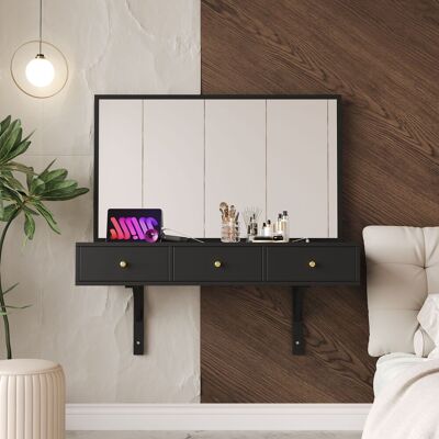 ACKERMAN Coiffeuse Murale Avec Miroir, 3 Tiroirs Et Prises Électriques, Emplacement Pour Tablette/cartes, Porte-gobelet Noir 100×105×45 Cm (l×h×p) - Publicité ACKERMAN Coiffeuse Murale Avec Miroir, 3 Tiroirs Et Prises Électriques, Emplacement Pour Tablette/cartes, Porte-gobelet Noir 100×105×45 Cm (l×h×p) - Publicité