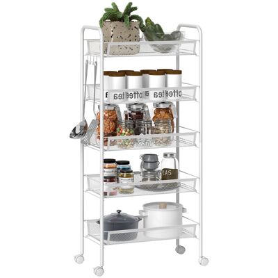 OEM Chariot De Rangement À 5 Niveaux, Desserte À Roulettes Avec Paniers Amovibles Et 4 Crochets, 45x26,5x106cm, Blanc - Publicité OEM Chariot De Rangement À 5 Niveaux, Desserte À Roulettes Avec Paniers Amovibles Et 4 Crochets, 45x26,5x106cm, Blanc - Publicité
