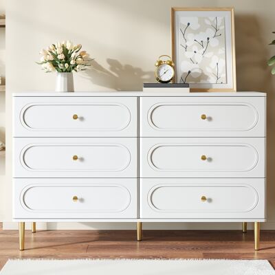 LEMONBEST Commode Blanche 120x40x75 Cm Avec 6 Tiroirs, Motif Ovale, Poignées Et Pieds En Métal Doré Pour Chambre - Publicité LEMONBEST Commode Blanche 120x40x75 Cm Avec 6 Tiroirs, Motif Ovale, Poignées Et Pieds En Métal Doré Pour Chambre - Publicité