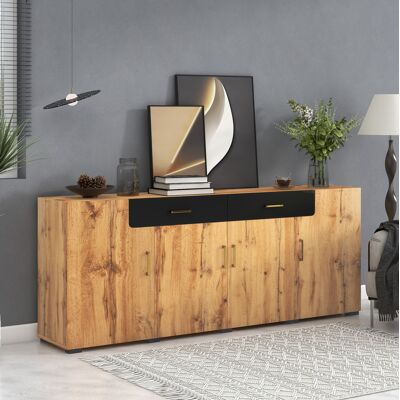 BEAOK Buffet En Panneaux De Particules Marron 208 X 39,5 X 80 Cm Avec 4 Portes, 2 Tiroirs Et 8 Pieds - Publicité BEAOK Buffet En Panneaux De Particules Marron 208 X 39,5 X 80 Cm Avec 4 Portes, 2 Tiroirs Et 8 Pieds - Publicité