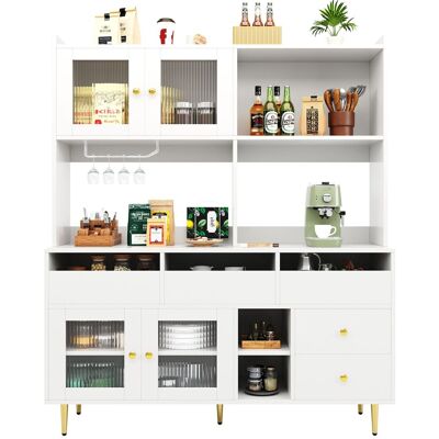 ALLAUVE Buffet Minimaliste Moderne Blanc Avec Accents Dorés (145 X 39 X 171 Cm), Portes Vitrées Chambray, Étagères Superposées Pour Verres À Vin Et Rangement Élégant - Publicité ALLAUVE Buffet Minimaliste Moderne Blanc Avec Accents Dorés (145 X 39 X 171 Cm), Portes Vitrées Chambray, Étagères Superposées Pour Verres À Vin Et Rangement Élégant - Publicité