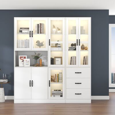 ACKERMAN Ensemble De Vitrines Blanches Modernes, 200 Cm De Haut Et 180 Cm De Long, Vitrine Autoportante Blanche Avec Éclairage Led, 8 Portes, 3 Tiroirs - Parfait Pour Mettre En Valeur Votre Maison - Publicité ACKERMAN Ensemble De Vitrines Blanches Modernes, 200 Cm De Haut Et 180 Cm De Long, Vitrine Autoportante Blanche Avec Éclairage Led, 8 Portes, 3 Tiroirs - Parfait Pour Mettre En Valeur Votre Maison - Publicité