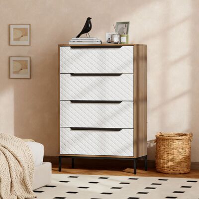OEM Commode À 4 Tiroirs En Tissu, Façades À Motif Losanges, Idéale Pour Le Salon, Le Bureau Ou Le Dressing, Coloris Naturel Et Blanc. Publicité OEM Commode À 4 Tiroirs En Tissu, Façades À Motif Losanges, Idéale Pour Le Salon, Le Bureau Ou Le Dressing, Coloris Naturel Et Blanc. Publicité