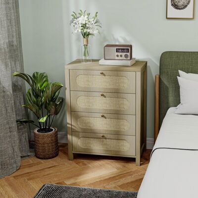 OEM Commode (70x38x93cm) - 4 Tiroirs, Style Bohémien, Portes Résine Tressée, Effet Bois Naturel - Publicité OEM Commode (70x38x93cm) - 4 Tiroirs, Style Bohémien, Portes Résine Tressée, Effet Bois Naturel - Publicité