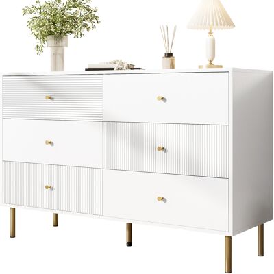 ACKERMAN Commode Moderne À 6 Tiroirs, Meuble De Rangement Blanc Avec Poignées En Alliage De Zinc Et Pieds En Acier, Meuble En Mdf De 120 × 40 × 78 Cm Pour Chambre, Salon, Entrée. Publicité ACKERMAN Commode Moderne À 6 Tiroirs, Meuble De Rangement Blanc Avec Poignées En Alliage De Zinc Et Pieds En Acier, Meuble En Mdf De 120 × 40 × 78 Cm Pour Chambre, Salon, Entrée. Publicité