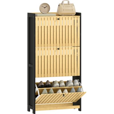 OEM Meuble À Chaussures 18 Paires Avec 3 Tiroirs Rabattables. Portes En Bambou À Lattes. 60x24x118cm. Noir Et Bois Naturel - Publicité OEM Meuble À Chaussures 18 Paires Avec 3 Tiroirs Rabattables. Portes En Bambou À Lattes. 60x24x118cm. Noir Et Bois Naturel - Publicité