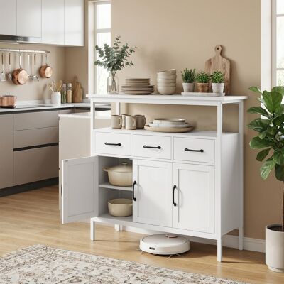 OEM Buffet Cuisine Meuble De Rangement 3 Portes 3 Tiroirs Compartiment Ouvert Étagères Réglables 95x35x88cm Blanc - Publicité OEM Buffet Cuisine Meuble De Rangement 3 Portes 3 Tiroirs Compartiment Ouvert Étagères Réglables 95x35x88cm Blanc - Publicité