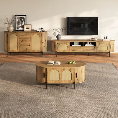 ACKERMAN Ensemble De Salon 3 Pièces, Table Basse, Meuble Tv, Buffet, Portes Coulissantes, Aspect Rotin, Aspect Bois, Pieds En Métal, Espace De Rangement - Publicité ACKERMAN Ensemble De Salon 3 Pièces, Table Basse, Meuble Tv, Buffet, Portes Coulissantes, Aspect Rotin, Aspect Bois, Pieds En Métal, Espace De Rangement - Publicité