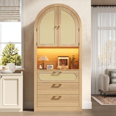 LEMONBEST Armoire Vitrine 80 X 35 X 180 Cm, Meuble De Rangement Arqué Avec Led Réglable, Portes Rotin, 3 Tiroirs Et Étagères, Chêne Clair - Publicité LEMONBEST Armoire Vitrine 80 X 35 X 180 Cm, Meuble De Rangement Arqué Avec Led Réglable, Portes Rotin, 3 Tiroirs Et Étagères, Chêne Clair - Publicité
