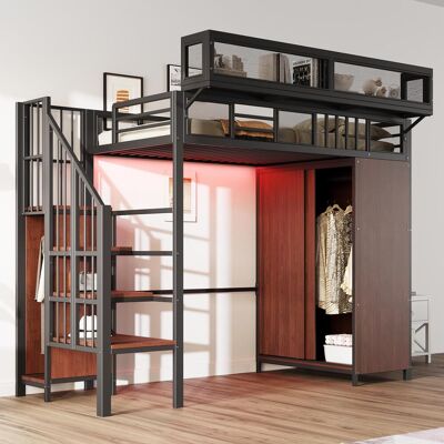 OEM Lit Mezzanine En Métal 90 × 200 Cm Avec Penderie, Échelle De Sécurité, Éclairage Led Et Barrières De Sécurité En Tissu Mesh Avec Étagères Amovibles, Noir - Publicité OEM Lit Mezzanine En Métal 90 × 200 Cm Avec Penderie, Échelle De Sécurité, Éclairage Led Et Barrières De Sécurité En Tissu Mesh Avec Étagères Amovibles, Noir - Publicité