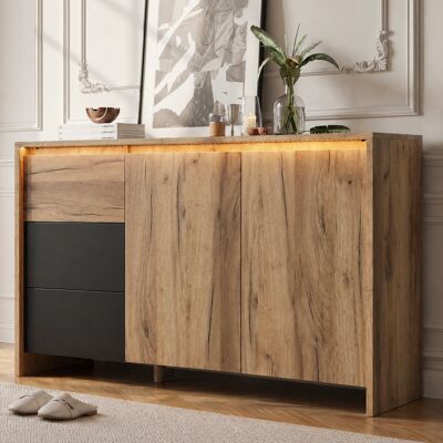 LEMONBEST Meuble De Rangement Led 120 X 40 X 76 Cm, Armoire Basse Avec 2 Portes, 3 Tiroirs Et Éclairage Multicolore Pour Salon, Bois Naturel + Noir - Publicité LEMONBEST Meuble De Rangement Led 120 X 40 X 76 Cm, Armoire Basse Avec 2 Portes, 3 Tiroirs Et Éclairage Multicolore Pour Salon, Bois Naturel + Noir - Publicité