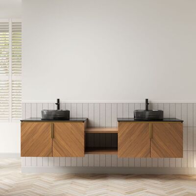 ALOVEZ 192 Cm Wall-mounted Bathroom Vanity Featuring Two Transparent Black Glass Basins. The Countertop Is Crafted From Dense Ceramic Stone And Includes Four Cabinet Doors As Well As Open Shelving. Publicité ALOVEZ 192 Cm Wall-mounted Bathroom Vanity Featuring Two Transparent Black Glass Basins. The Countertop Is Crafted From Dense Ceramic Stone And Includes Four Cabinet Doors As Well As Open Shelving. Publicité