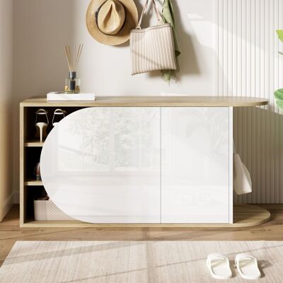 ACKERMAN Meuble À Chaussures/banc Style Français 104×37×50cm, Laqué Brillant, Portes Semi-circulaire/rectangulaire, Crochets Latéraux, Imitation Bois Blanc, Idéal Entrée/couloir - Publicité ACKERMAN Meuble À Chaussures/banc Style Français 104×37×50cm, Laqué Brillant, Portes Semi-circulaire/rectangulaire, Crochets Latéraux, Imitation Bois Blanc, Idéal Entrée/couloir - Publicité