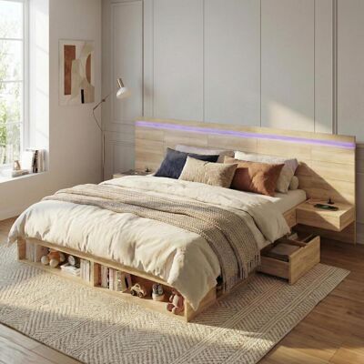OEM Lit Double 180x200cm, Lit Coffre, Lit En Bois, Lit Enfant, Avec Station De Charge Usb Et Type-c Et Éclairage Led, Avec 2 Tables De Chevet, Tiroirs, Coloris Naturel, Garantie 2 Ans - Publicité OEM Lit Double 180x200cm, Lit Coffre, Lit En Bois, Lit Enfant, Avec Station De Charge Usb Et Type-c Et Éclairage Led, Avec 2 Tables De Chevet, Tiroirs, Coloris Naturel, Garantie 2 Ans - Publicité