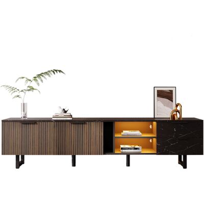 ACKERMAN Meuble Tv De 200 Cm Avec Aspect Marbre Noir, Portes En Bois Foncé, Éclairage Led Réglable, Deux Portes Et Deux Tiroirs, Compatible Avec Les Aspirateurs Robots. Publicité ACKERMAN Meuble Tv De 200 Cm Avec Aspect Marbre Noir, Portes En Bois Foncé, Éclairage Led Réglable, Deux Portes Et Deux Tiroirs, Compatible Avec Les Aspirateurs Robots. Publicité