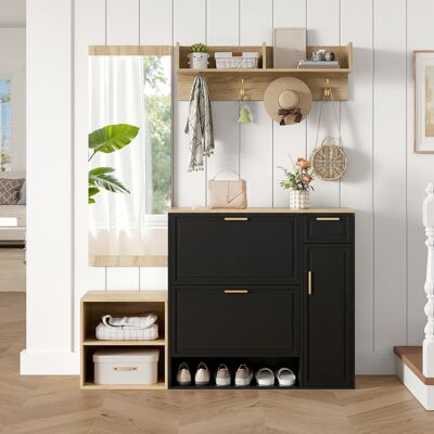 LEMONBEST Vestiaire D’entrée 139,5 X 35 X 166 Cm, Meuble D’entrée 4 Pièces Avec Meuble À Chaussures, Banc, Patère Et Miroir, Panneaux, Naturel + Noir - Publicité LEMONBEST Vestiaire D’entrée 139,5 X 35 X 166 Cm, Meuble D’entrée 4 Pièces Avec Meuble À Chaussures, Banc, Patère Et Miroir, Panneaux, Naturel + Noir - Publicité