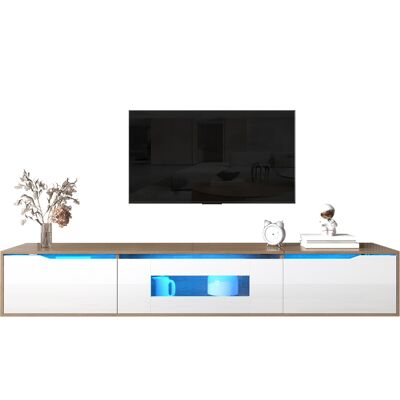 ACKERMAN Meuble Tv, Meuble Tv Laqué Brillant, Assorti À Un Coloris Blanc Brillant Et Bois, Avec Éclairage Led À Couleurs Changeantes. Publicité ACKERMAN Meuble Tv, Meuble Tv Laqué Brillant, Assorti À Un Coloris Blanc Brillant Et Bois, Avec Éclairage Led À Couleurs Changeantes. Publicité
