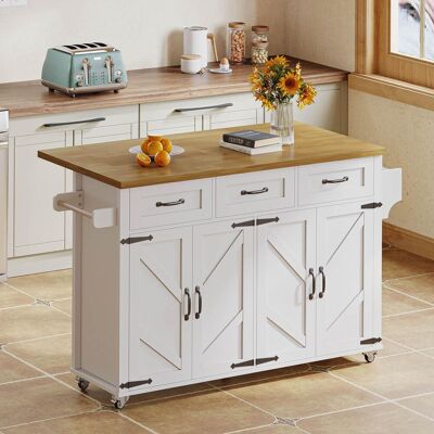 OEM Îlot De Cuisine Avec Plan De Travail Rabattable, Équipé De 5 Roulettes Verrouillables, 4 Portes, 3 Tiroirs, Porte-serviettes Double Face, Design Style Grange, Blanc, 140x43(70)x90,5 Cm. Publicité OEM Îlot De Cuisine Avec Plan De Travail Rabattable, Équipé De 5 Roulettes Verrouillables, 4 Portes, 3 Tiroirs, Porte-serviettes Double Face, Design Style Grange, Blanc, 140x43(70)x90,5 Cm. Publicité