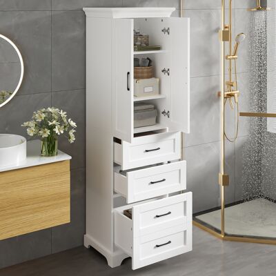 ACKERMAN Meuble De Salle De Bain 57x38x180cm, Matériau Mdf, Trois Tiroirs, Une Armoire, Trois Compartiments De Rangement, Clayettes Réglables, Charnières Avec Fermeture Douce, Poignées Noires, Blanc - Publicité ACKERMAN Meuble De Salle De Bain 57x38x180cm, Matériau Mdf, Trois Tiroirs, Une Armoire, Trois Compartiments De Rangement, Clayettes Réglables, Charnières Avec Fermeture Douce, Poignées Noires, Blanc - Publicité