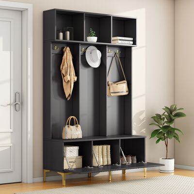 ACKERMAN Ensemble Armoire Avec Banc, Banc De Rangement Multifonctionnel, Rangement Ouvert, 6 Crochets Et Pieds Dorés, Convient Pour Une Entrée Ou Un Salon, Noir, L 120/p 40/h 191,5 Cm - Publicité ACKERMAN Ensemble Armoire Avec Banc, Banc De Rangement Multifonctionnel, Rangement Ouvert, 6 Crochets Et Pieds Dorés, Convient Pour Une Entrée Ou Un Salon, Noir, L 120/p 40/h 191,5 Cm - Publicité