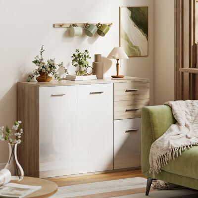 OEM Buffet Salon, Meuble De Rangement Avec 2 Tiroirs, 3 Portes Et Étagère Réglable, 106 X 35 X 76 Cm, Blanc Et Bois Naturel - Publicité OEM Buffet Salon, Meuble De Rangement Avec 2 Tiroirs, 3 Portes Et Étagère Réglable, 106 X 35 X 76 Cm, Blanc Et Bois Naturel - Publicité