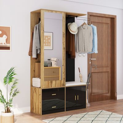 ACKERMAN Ensemble De Dressing Élégant, De Couleur Noire Et Bois, Comprenant Un Miroir, Un Meuble À Chaussures, Un Banc À Chaussures Avec Crochets Et Des Cintres Extensibles. Publicité ACKERMAN Ensemble De Dressing Élégant, De Couleur Noire Et Bois, Comprenant Un Miroir, Un Meuble À Chaussures, Un Banc À Chaussures Avec Crochets Et Des Cintres Extensibles. Publicité