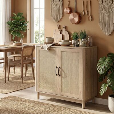 OEM Buffet Salon Meuble De Rangement 2 Portes Rotin Étagère Réglable Bords Arrondis 76x35x75,5cm Chêne - Publicité OEM Buffet Salon Meuble De Rangement 2 Portes Rotin Étagère Réglable Bords Arrondis 76x35x75,5cm Chêne - Publicité
