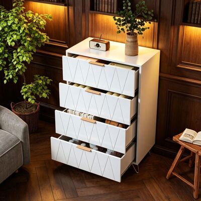 DORMELY Commode À 4 Tiroirs 60×34×90cm, Meuble De Rangement Grande Capacité, Conception Anti-basculement, Style Moderne, Pieds En Métal, Convient Aux Chambres Et Salons, Mdf, Blanc - Publicité DORMELY Commode À 4 Tiroirs 60×34×90cm, Meuble De Rangement Grande Capacité, Conception Anti-basculement, Style Moderne, Pieds En Métal, Convient Aux Chambres Et Salons, Mdf, Blanc - Publicité