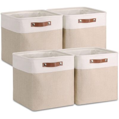 OEM Lot De 4 Boîtes De Rangement En Tissu 28x28x28cm Avec Poignée Cuir Synthétique - Kaki Et Blanc, Idéal Pour Étagère Cube, Bibliothèque, Armoire - Publicité OEM Lot De 4 Boîtes De Rangement En Tissu 28x28x28cm Avec Poignée Cuir Synthétique - Kaki Et Blanc, Idéal Pour Étagère Cube, Bibliothèque, Armoire - Publicité