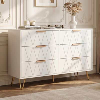 ADWOLT Commode Avec 6 Tiroirs, Commode En Losange Plaqué Blanc, Buffet, Pieds Dorés,design Élégant,salon,chambre,100x34x72,5 Cm - Publicité ADWOLT Commode Avec 6 Tiroirs, Commode En Losange Plaqué Blanc, Buffet, Pieds Dorés,design Élégant,salon,chambre,100x34x72,5 Cm - Publicité