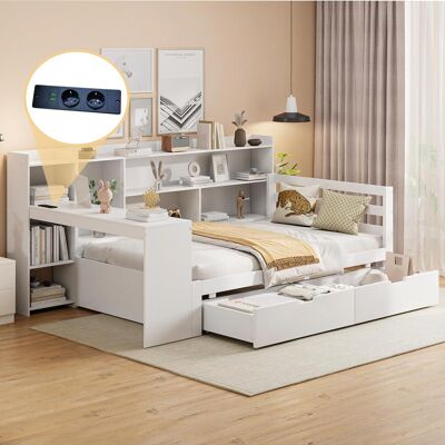 OEM Canapé-lit En Bois Massif, 90 X 200 Cm, Avec Bureau, Bibliothèque, Compartiments Et Étagères De Rangement, Prise Électrique, 2 Grands Compartiments De Rangement, Lit Multifonctionnel En Bois, Blanc - Publicité OEM Canapé-lit En Bois Massif, 90 X 200 Cm, Avec Bureau, Bibliothèque, Compartiments Et Étagères De Rangement, Prise Électrique, 2 Grands Compartiments De Rangement, Lit Multifonctionnel En Bois, Blanc - Publicité