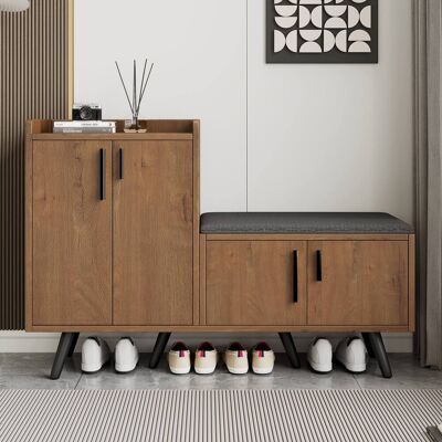 ACKERMAN Banc À Chaussures Moderne Avec Finition Imitation Bois, Meuble À Chaussures, Quatre Portes De Rangement, Poignées Asymétriques En Métal, L 120/p 34/h 82 - Publicité ACKERMAN Banc À Chaussures Moderne Avec Finition Imitation Bois, Meuble À Chaussures, Quatre Portes De Rangement, Poignées Asymétriques En Métal, L 120/p 34/h 82 - Publicité