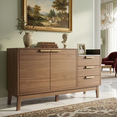 ACKERMAN Commode De Salon En Chêne Avec Plateau Effet Marbre - Étagère Ouverte + 3 Tiroirs Et Placard À Double Porte (hauteur Réglable À L'Intérieur) - Pieds En Bois Massif - Compatible Avec Les Aspirateurs Ro - Publicité ACKERMAN Commode De Salon En Chêne Avec Plateau Effet Marbre - Étagère Ouverte + 3 Tiroirs Et Placard À Double Porte (hauteur Réglable À L'Intérieur) - Pieds En Bois Massif - Compatible Avec Les Aspirateurs Ro - Publicité