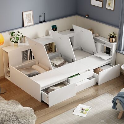 DEVOKO Lit Bébé, Simple, Lit Multifonction Avec Tiroirs, Bibliothèque Et Meuble De Rangement, Boîte À Lit Avec Rangement, 90 X 200cm, Blanc - Publicité DEVOKO Lit Bébé, Simple, Lit Multifonction Avec Tiroirs, Bibliothèque Et Meuble De Rangement, Boîte À Lit Avec Rangement, 90 X 200cm, Blanc - Publicité