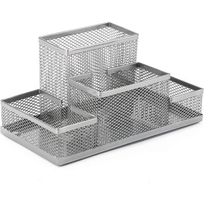Organisateur De Bureau Porte‑stylo En Maille Métallique, 4 Compartiments, Argent – Delkevic - Publicité Organisateur De Bureau Porte‑stylo En Maille Métallique, 4 Compartiments, Argent – Delkevic - Publicité