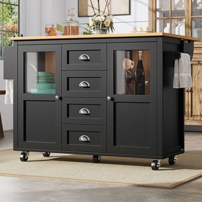 LEMONBEST Îlot De Cuisine Mobile Rabattable 137,9x73x92,5cm Noir Effet Bois, Desserte À Roulettes, 4 Tiroirs, 2 Portes Vitrées, Porte-épices - Publicité LEMONBEST Îlot De Cuisine Mobile Rabattable 137,9x73x92,5cm Noir Effet Bois, Desserte À Roulettes, 4 Tiroirs, 2 Portes Vitrées, Porte-épices - Publicité